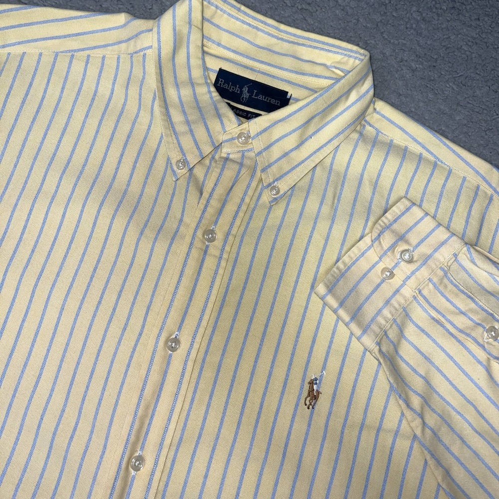 VTG Polol Ralph Lauren Dress Shirt Men's Sz 17½ 34/35 Yellow Striped Flesh Pony
